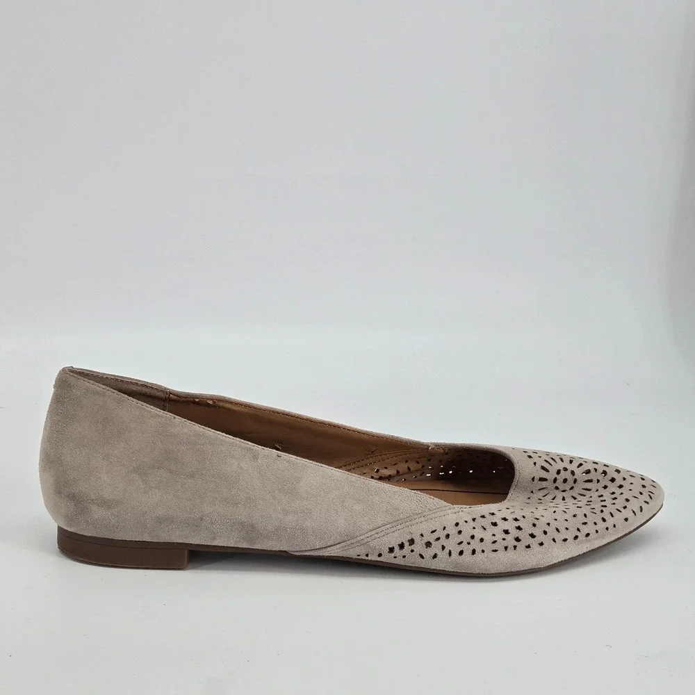 Vionic Carmela Perforated Suede Pointed Toe Ballet Flats Greige Women's Size 10